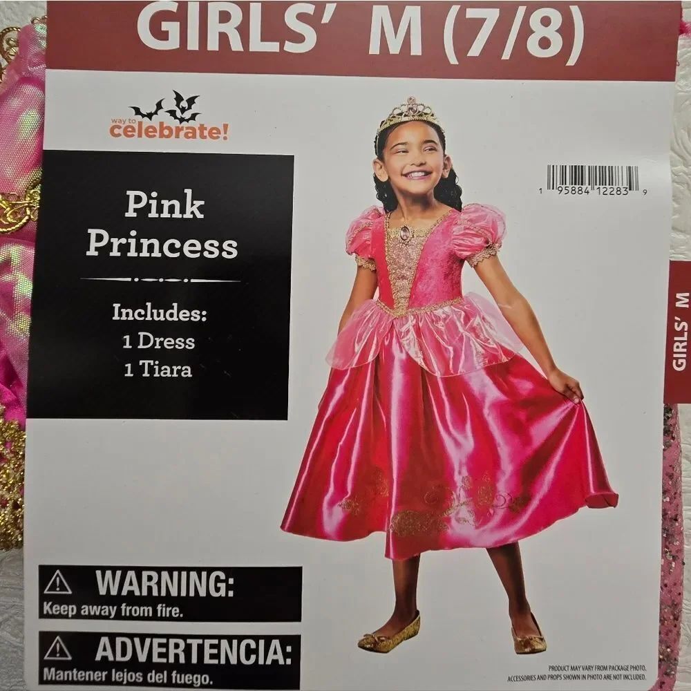 Pink Princess Costume Dress Tiara Gold Sparkled Size M 7/8 Pretend Play Cosplay